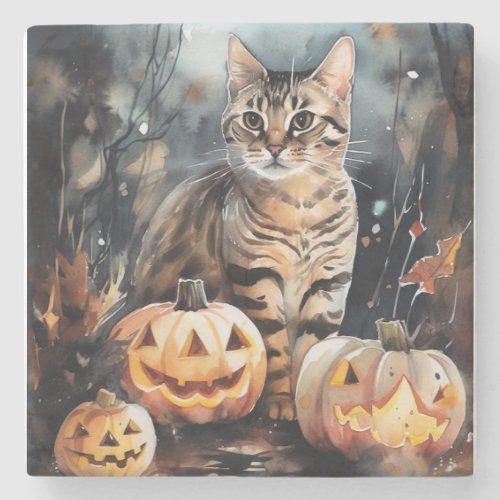 Halloween Bengal Cat With Pumpkins Scary Stone Coaster