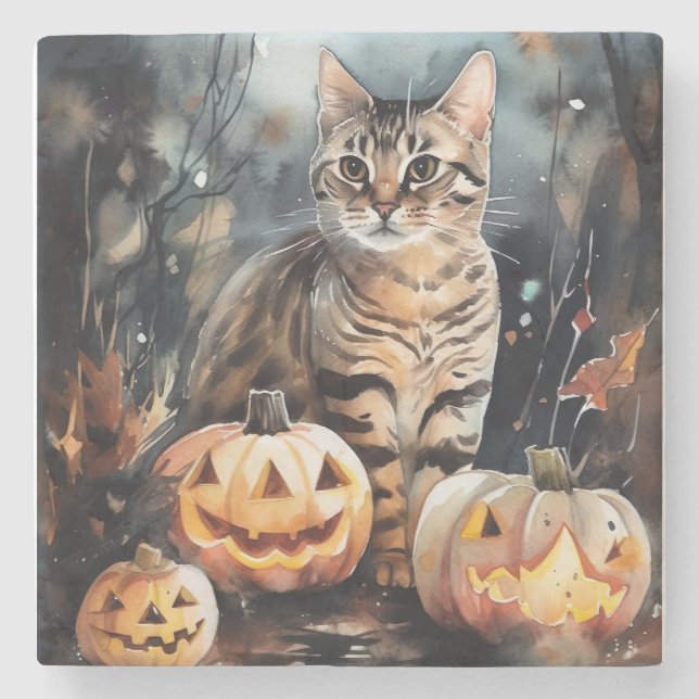 Halloween Bengal Cat With Pumpkins Scary Stone Coaster (Front)