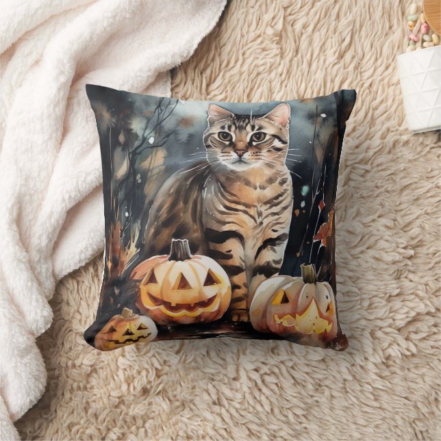 Halloween Bengal Cat With Pumpkins Scary Throw Pillow (Blanket)