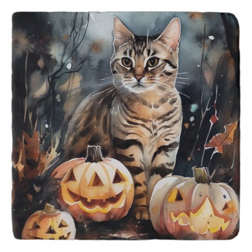 Halloween Bengal Cat With Pumpkins Scary Trivet