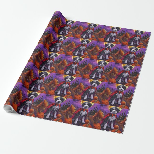 Halloween Bernedoodle Dog Pumpkins Scary Wrapping Paper (Unrolled)