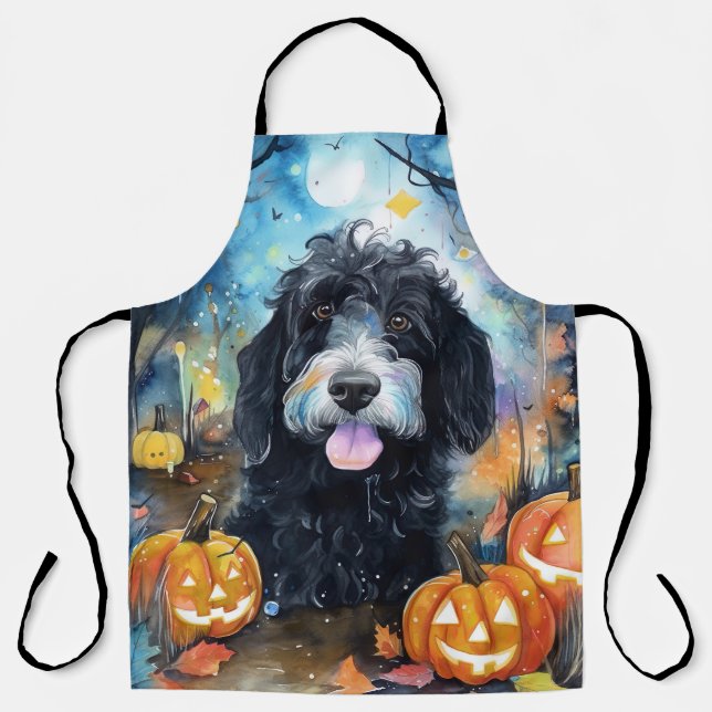 Halloween Bernedoodle With Pumpkins Scary Apron (Front)