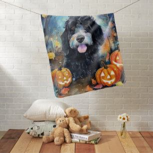 Halloween Bernedoodle With Pumpkins Scary Baby Blanket