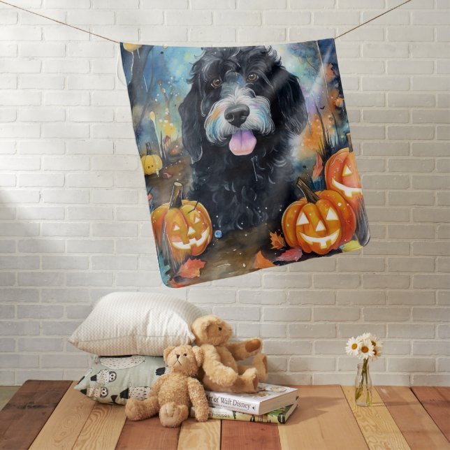 Halloween Bernedoodle With Pumpkins Scary Baby Blanket (In Situ)