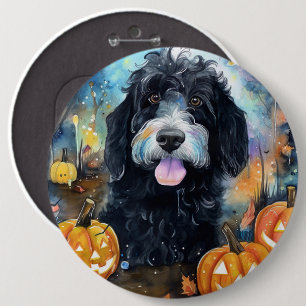 Halloween Bernedoodle With Pumpkins Scary Button