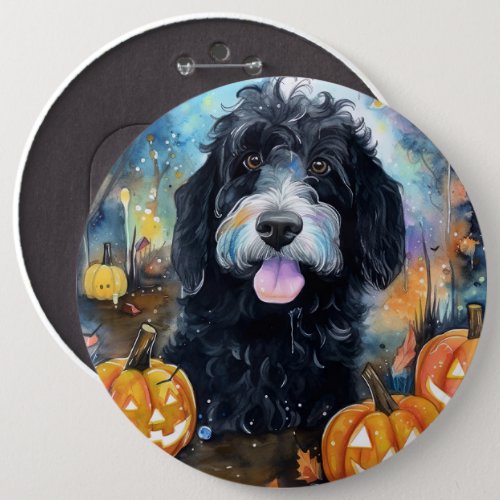 Halloween Bernedoodle With Pumpkins Scary Button
