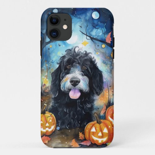 Halloween Bernedoodle With Pumpkins Scary iPhone 11 Case