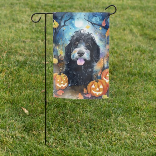 Halloween Bernedoodle With Pumpkins Scary Garden Flag