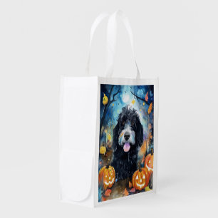 Halloween Bernedoodle With Pumpkins Scary Grocery Bag