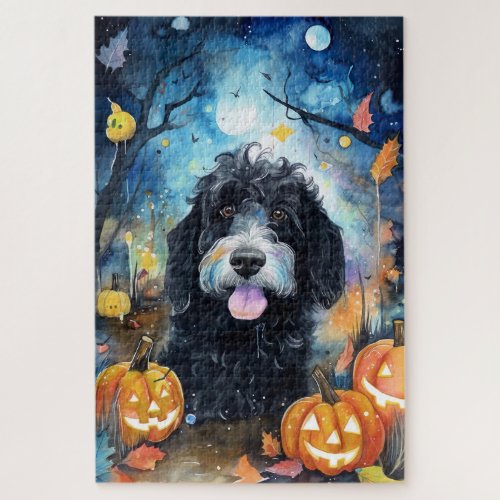 Halloween Bernedoodle With Pumpkins Scary Jigsaw Puzzle