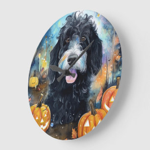 Halloween Bernedoodle With Pumpkins Scary Large Clock