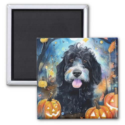 Halloween Bernedoodle With Pumpkins Scary Magnet