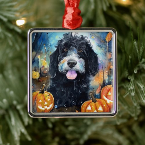 Halloween Bernedoodle With Pumpkins Scary Metal Ornament