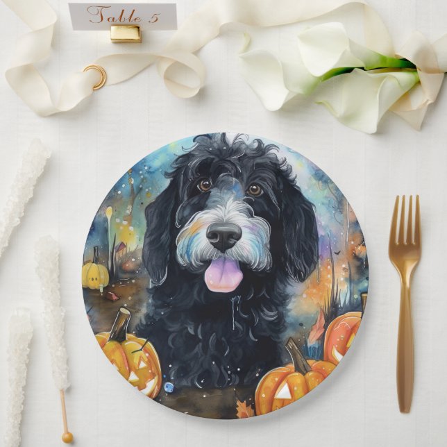 Halloween Bernedoodle With Pumpkins Scary Paper Plates (Wedding)