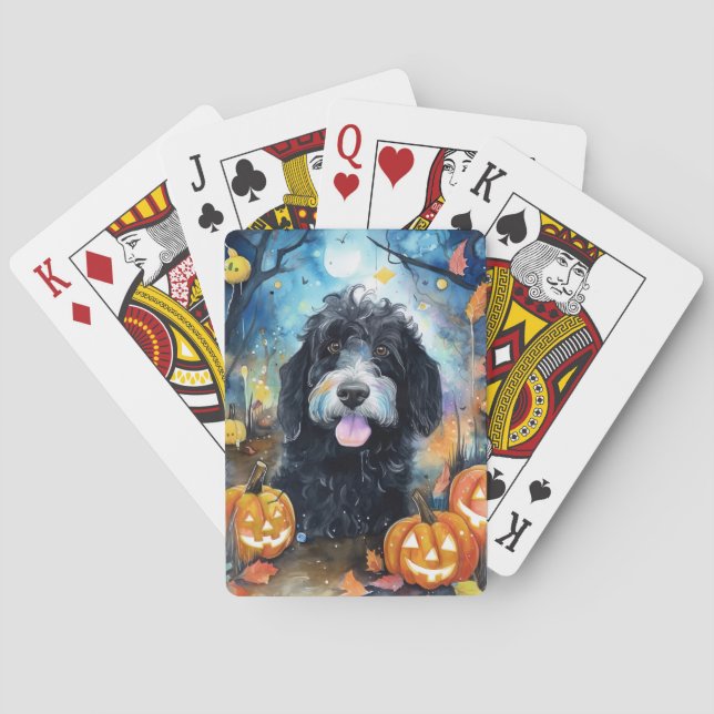 Halloween Bernedoodle With Pumpkins Scary Poker Cards (Back)