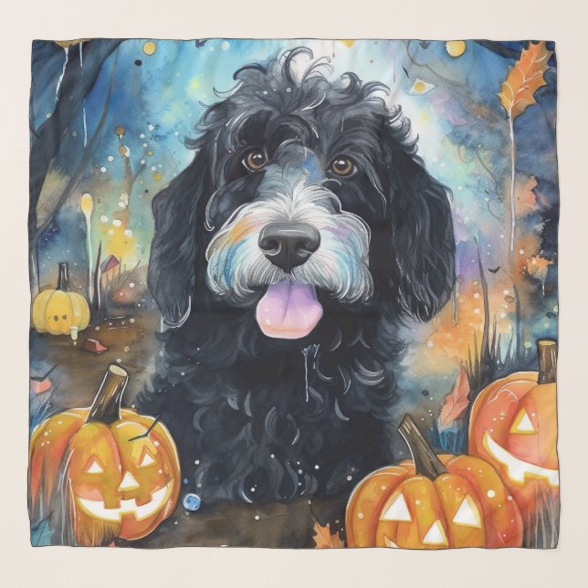 Halloween Bernedoodle With Pumpkins Scary Scarf (Front)