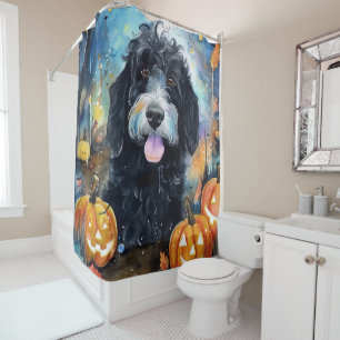 Halloween Bernedoodle With Pumpkins Scary Shower Curtain