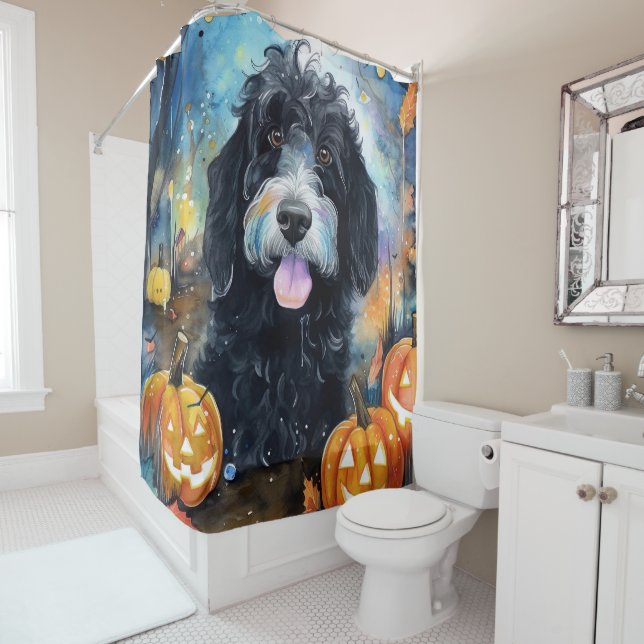 Halloween Bernedoodle With Pumpkins Scary Shower Curtain (In Situ)