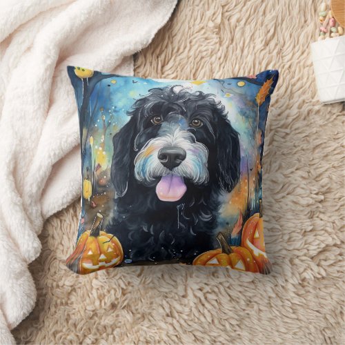 Halloween Bernedoodle With Pumpkins Scary Throw Pillow