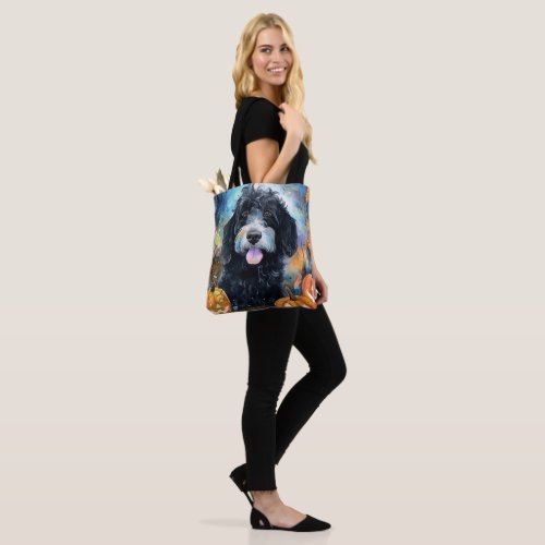 Halloween Bernedoodle With Pumpkins Scary Tote Bag