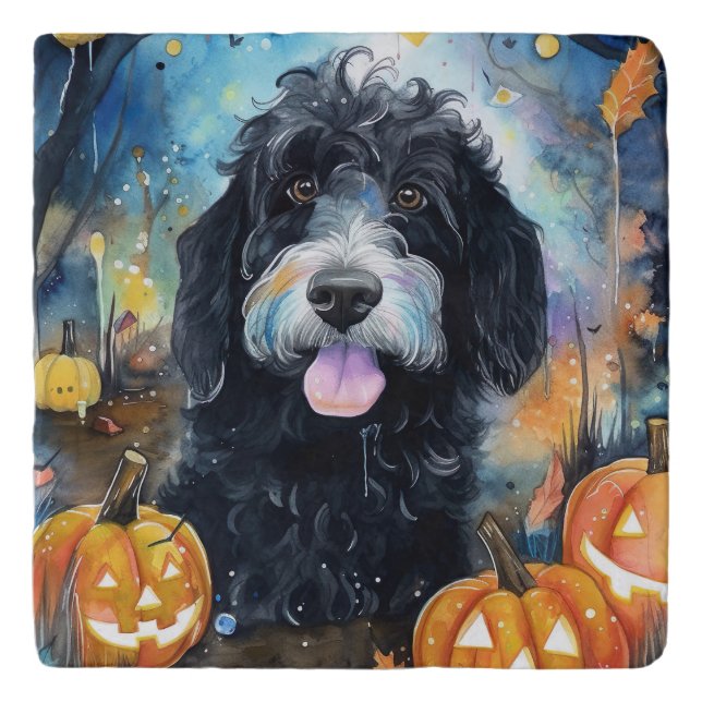 Halloween Bernedoodle With Pumpkins Scary Trivet (Front)