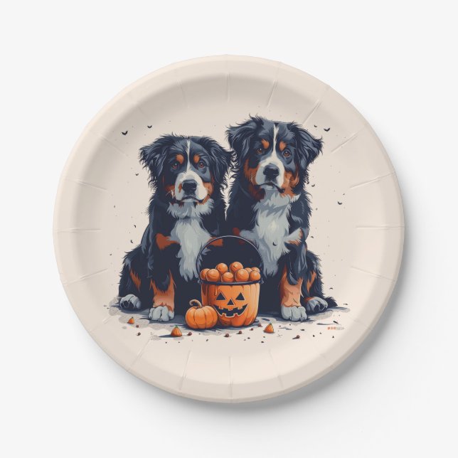 Halloween Bernese Mountain Dogs Pumpkin Paper Plates (Front)