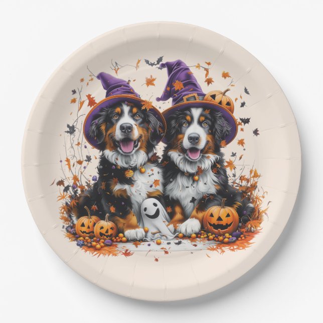 Halloween Bernese Mountain Dogs Witch Ghost Paper Plates (Front)