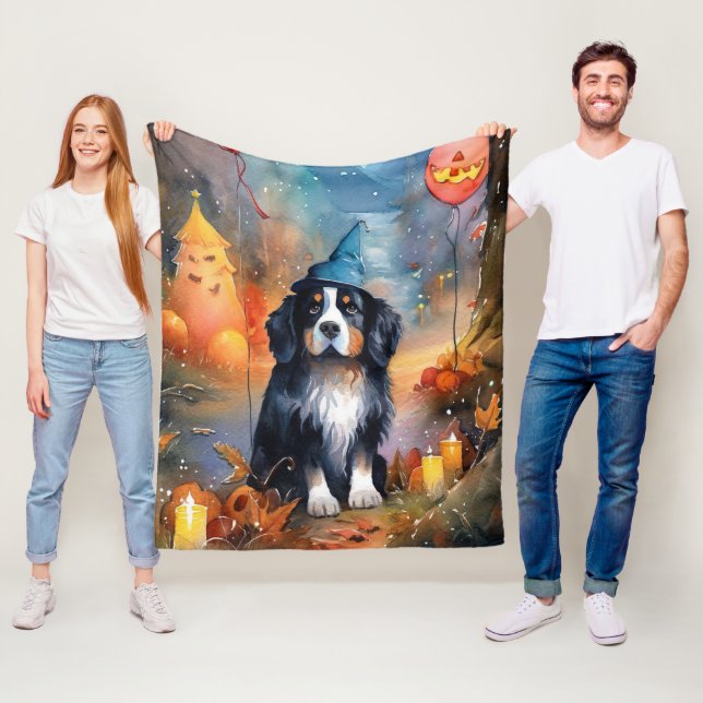 Halloween Bernese Mountain With Pumpkins Scary Fleece Blanket (In Situ)