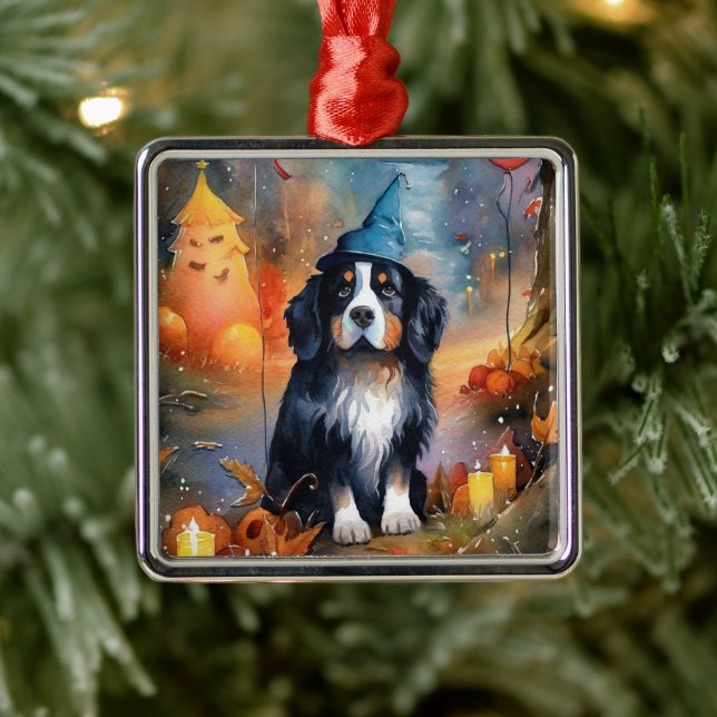 Halloween Bernese Mountain With Pumpkins Scary Metal Ornament (Tree)
