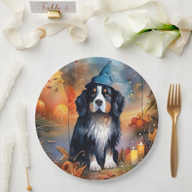 Halloween Bernese Mountain With Pumpkins Scary Paper Plates (Wedding)