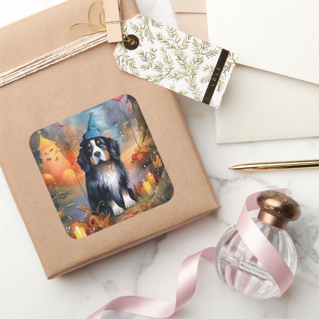 Halloween Bernese Mountain With Pumpkins Scary Square Sticker (Gifting)