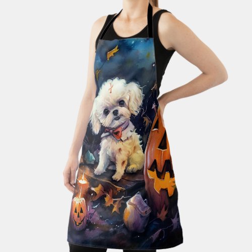 Halloween Bichon Frise With Pumpkins Scary Apron