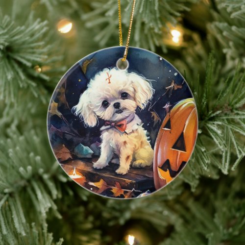 Halloween Bichon Frise With Pumpkins Scary Ceramic Ornament