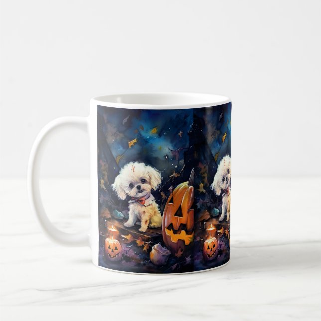 Halloween Bichon Frise With Pumpkins Scary Coffee Mug (Left)