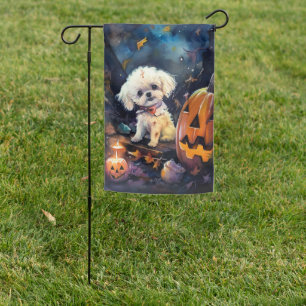 Halloween Bichon Frise With Pumpkins Scary Garden Flag