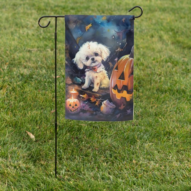 Halloween Bichon Frise With Pumpkins Scary Garden Flag (In SItu)