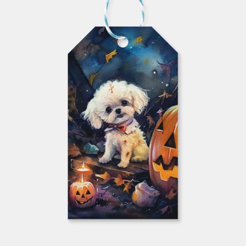 Halloween Bichon Frise With Pumpkins Scary Gift Tags