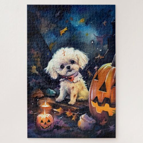 Halloween Bichon Frise With Pumpkins Scary Jigsaw Puzzle