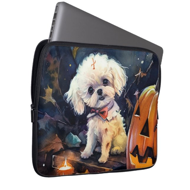 Halloween Bichon Frise With Pumpkins Scary Laptop Sleeve (Front Right)