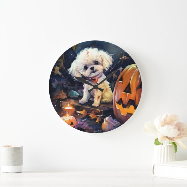 Halloween Bichon Frise With Pumpkins Scary Large Clock (Home)