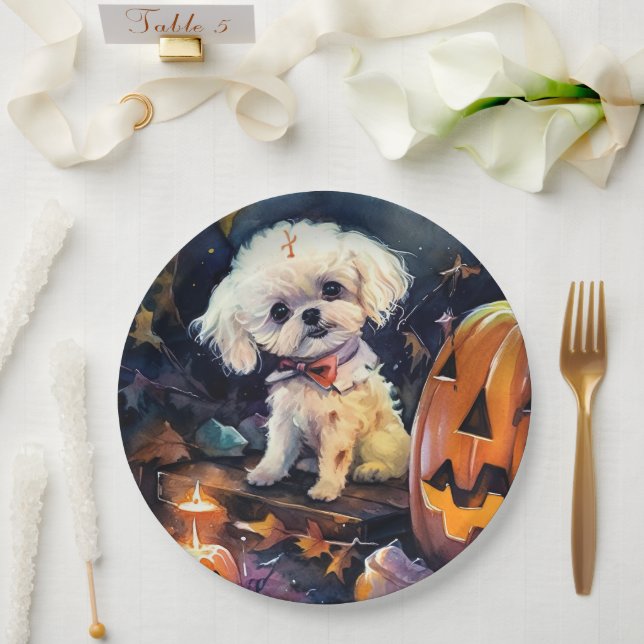 Halloween Bichon Frise With Pumpkins Scary Paper Plates (Wedding)