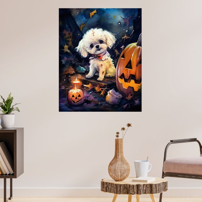 Halloween Bichon Frise With Pumpkins Scary Poster (Living Room 3)