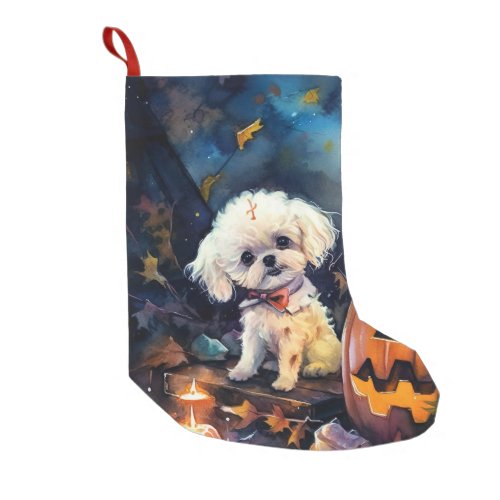 Halloween Bichon Frise With Pumpkins Scary  Small Christmas Stocking