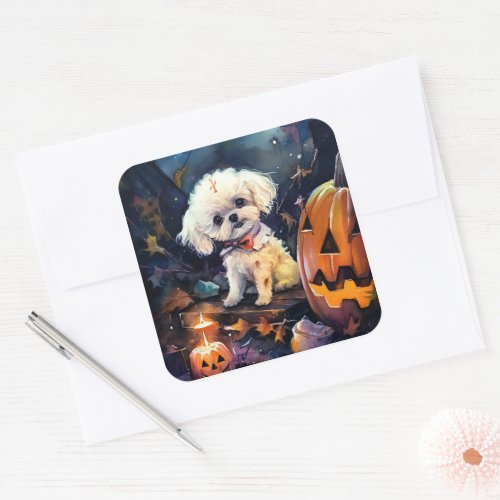 Halloween Bichon Frise With Pumpkins Scary Square Sticker