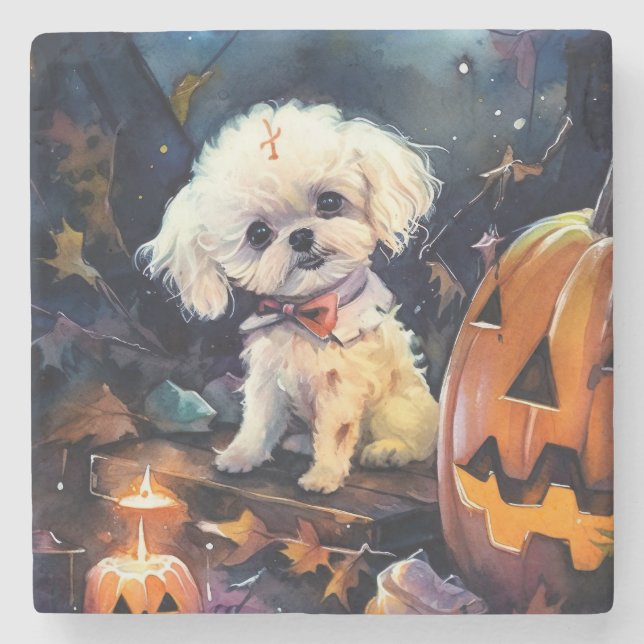 Halloween Bichon Frise With Pumpkins Scary Stone Coaster (Front)