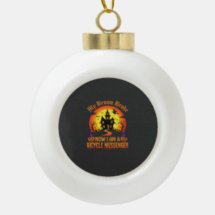 Halloween Bicycle Messenger Witch Broom Broke Desi Ceramic Ball Christmas Ornament