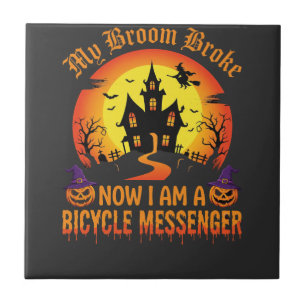 Halloween Bicycle Messenger Witch Broom Broke Desi Ceramic Tile
