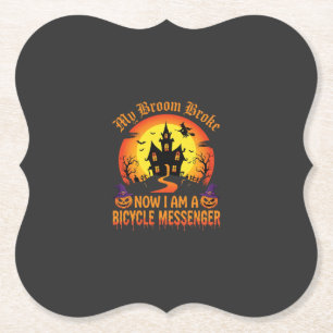 Halloween Bicycle Messenger Witch Broom Broke Desi Paper Coaster
