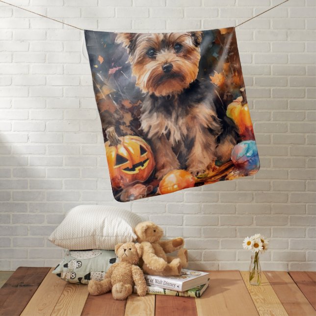 Halloween Biewer Terrier With Pumpkins Scary Baby Blanket (In Situ)