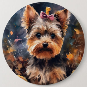 Halloween Biewer Terrier With Pumpkins Scary Button